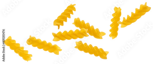 Falling fusilli pasta isolated on white background