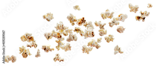 Falling popcorn isolated on white background