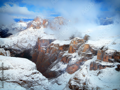 View of Sella gruppe or Gruppo di Sella, South Tirol, Dolomites mountains, Italy