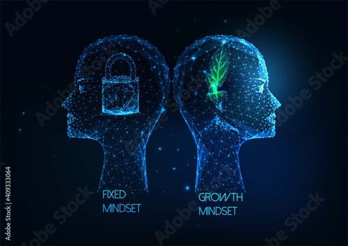 Futuristic Growth mindset VS Fixed mindset concept with low poly human heads with plant and lock