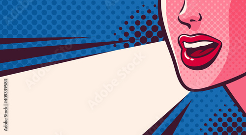 Woman's mouth talking, shouting, making announcement and empty space for text. Face close-up. Comic vector illustration on pop art background.