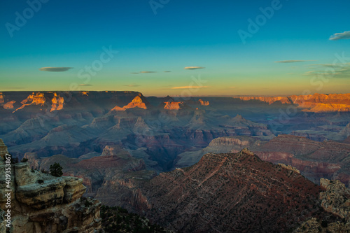 Sunset at the Grand Canyon in Arizona bathed in evening light