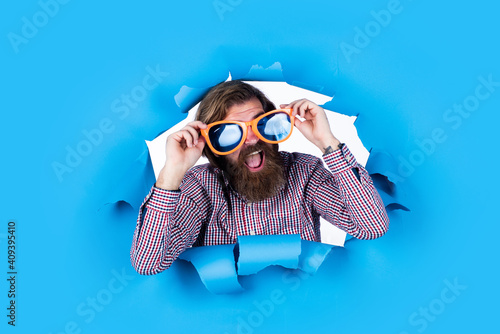 time to celebrate holidays. looking so stylish. going crazy and having fun. mature bearded man wear funny party glasses. brutal male hipster in summer sunglasses