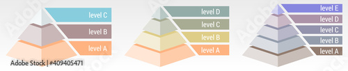 Simple 3d pyramid made of three, four or five thick layers, space for text right, infographics element
