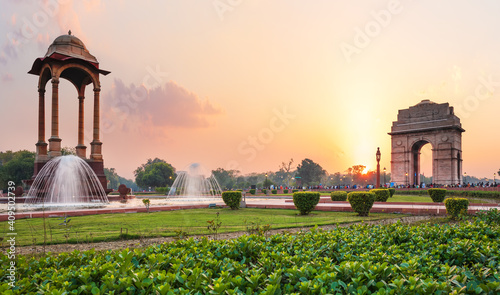 The Canopy and the India Gate at sunset in New Delhi, view from the National War Memorial