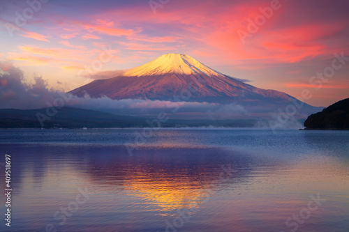 Tranquil scene of mount Fuji and lake yamanaka at sunrise