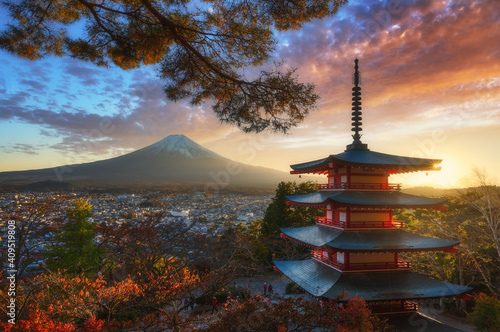 Beautiful Autumn scenery of Red pagoda Chureito the famous tourist attraction in fujinomiya town and Mount Fuji at sunset in Yamanashi prefecture, Japan