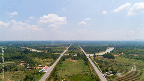 Aerial view Highway traffic road with cars,View above,Aerial view of the road and skyline