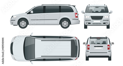 Passenger Van or Minivan Car vector template on white background. Compact crossover, SUV, 5-door minivan car. View front, rear, side, top.