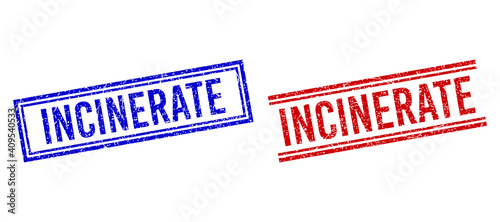 INCINERATE rubber watermarks with grunge style. Vectors designed with double lines, in blue and red colors. Tag placed inside double rectangle frame and parallel lines.