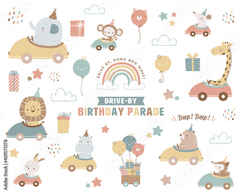 Collection of drive-by birthday parade theme illustrations. Cute animals in a car, rainbow and clouds, balloons, gift boxes, and stars.