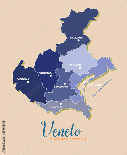 Veneto and Venice lagoon vector map divided into provinces with major cities 