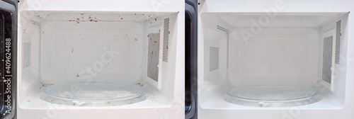 Clean and dirty microwave before and after cleaning, close-up. Kitchen appliances after washing and cleaning.
