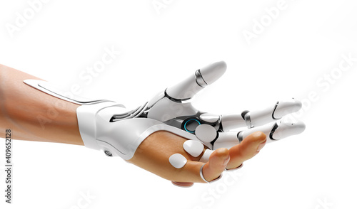 Robotic bionic hand connected with human hand.