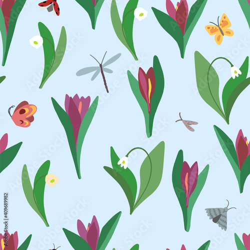 Crocuses, snowdrops, insects doodles. Hand drawn vector seamless pattern. Spring time colored cartoon ornament. Simple floral design for print, fabric, textile, background, wrap, wallpaper, decor etc.