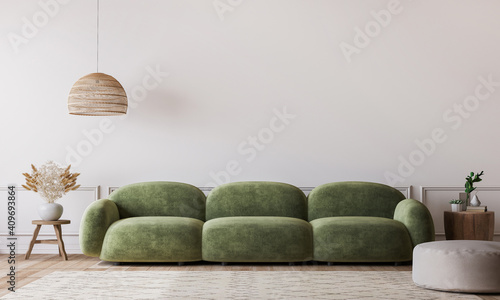 White living room in modern design, minimal clear space with green sofa and wooden furniture on empty background, 3d render