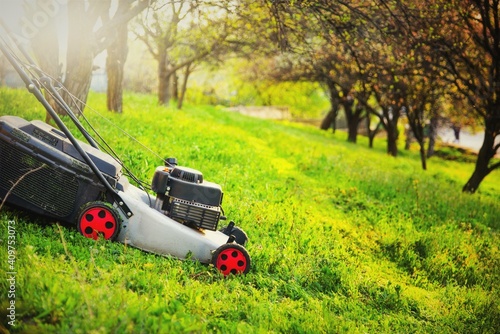 Gardening care, mowing trim green grass on lawn hill with lawnmower.