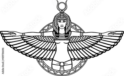 Animation portrait of the ancient Egyptian winged goddess. The linear drawing isolated on a white background. Vector illustration, be used for coloring book.