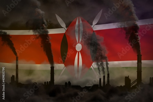 Global warming concept - heavy smoke from factory chimneys on Kenya flag background with space for your content - industrial 3D illustration