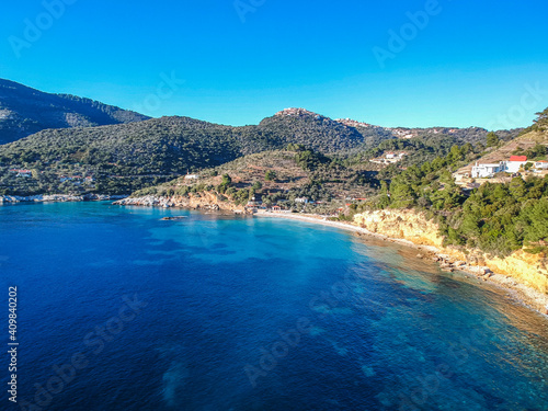 Aerial view over western Alonnisos island and the rock formation. Natural landscape, beautiful Greek scenery, spectacular view in Sporades, Aegean sea, Greece