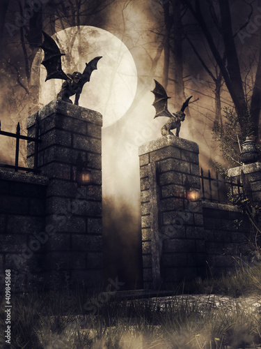 Dark scene with an old gothic gate with lanterns and stone gargoyles at night. 3D render.