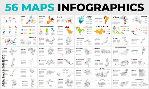 The Biggest Maps Infographics Bundle. Includes all world - Europe, Asia, America, Africa and Australia. Vector countries. USA, Canada, Germany, Great Britain, UAE, Japan, Brazil, India and many more.