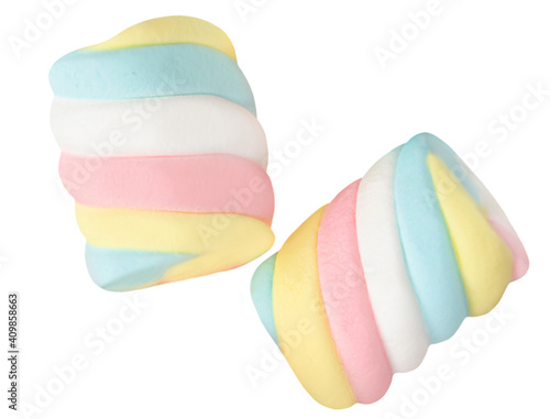 Fluffy Colorful marshmallows candy isolated on white background. Huge, big marshmallow macro top view image.