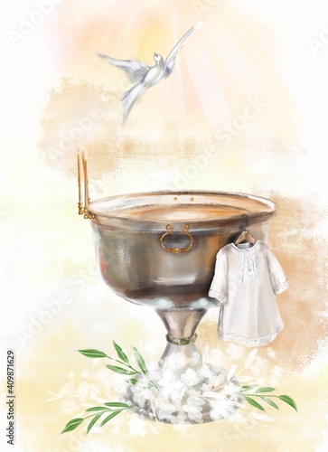 illustration a metal font in a church for the baptism of children and a white baptismal shirt.