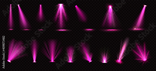 Pink light beams from spotlights and floor projectors isolated on transparent background. Vector realistic set of bright rays with glitter for illumination show, concert, theater stage or podium