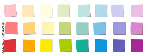 Sticky notes, rainbow gradient colored square notepads, different colors and saturations. Isolated vector illustration on white background. 