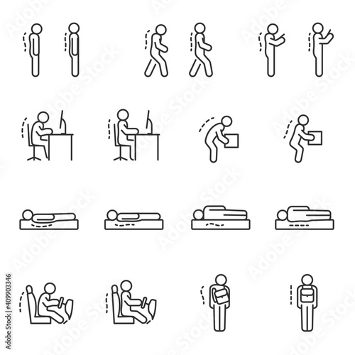 Good posture icon set. Ergonomic. Correct human poses. Line with editable stroke