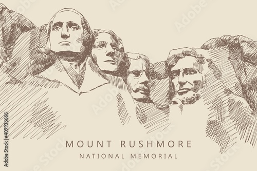 Sketch of Mount Rushmore National Memorial, South Dakota, USA. Portraits of American presidents: Abraham Lincoln, George Washington, Thomas Jefferson, Theodore Roosevelt. Vintage brown and beige card.