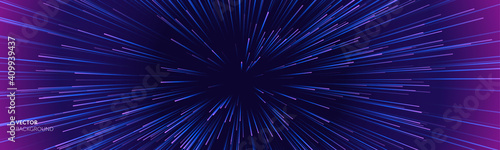 Space speed background, light warp and galaxy abstract stars explosion, vector. Space speed neon purple blue hyperspace blast