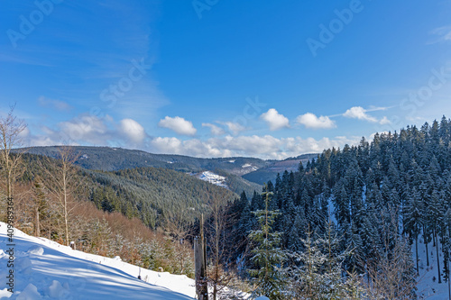 view to Kickelhahn mountain in Thuringia from Manebach