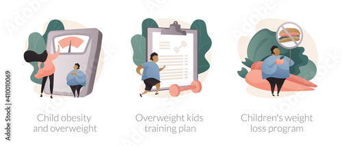 Children eating disorder abstract concept vector illustration set. Child obesity and overweight, overweight kids training plan, childrens weight loss program, unhealthy lifestyle abstract metaphor.