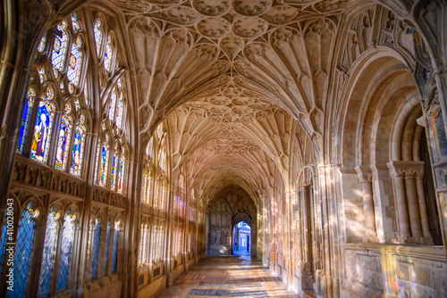 The cloisters of Gloucester Cathedral in Gloucester, England, UK