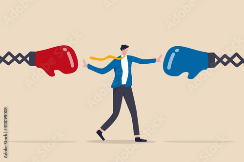 Conflict management, leadership skill to compromise and solving argument problem, negotiation or stop fighting concept, businessman leader stand in the middle to stop conflicted boxing globe fighting.