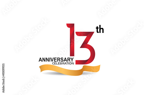 13 anniversary design logotype red color and golden ribbon for celebration isolated on white background can be use for invitation, greeting card, and special event