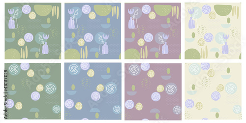 A set of stylish vector seamless patterns in pastel colors. Natural abstract shapes and natural botanical elements. The concept of balance, harmony and ecology