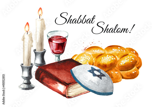 Shabbat Shalom card, Traditional jewish celebration oh the Shabbat, challah, candles, Torah book and wine. Hand drawn watercolor illustration isolated on white background