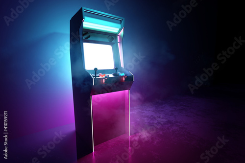 Neon pink and cyan glowing retro games arcade machine background. 3D illustration.