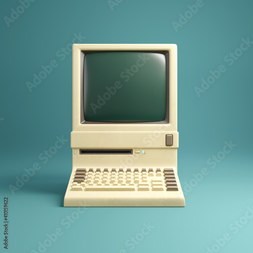 Retro 1980's style beige desktop computer and built in screen and keyboard. 3D illustration.