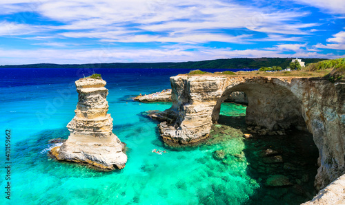 Beautiful sea scenery in Puglia. Italy. "Torre di Sant Andrea" - famous beach with rock formations near Otranto town
