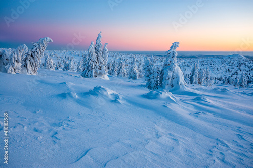 winter landscape of Karkonosze mountains at sunrise in Poland