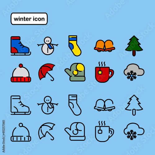 winter icons set line and colored isolated, ice skating, snowman, sock, hot coffee tea, umbrella, bell, cypress tree