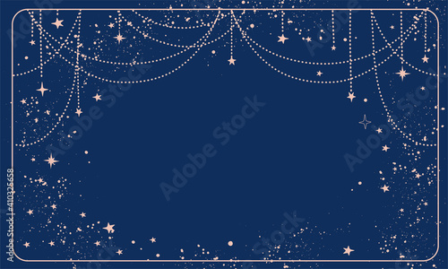 Blue magic background with stars and space decor with copy space. Layout for astrology, tarot, prediction. Divine boho design, hand drawn vector illustration, vintage style.