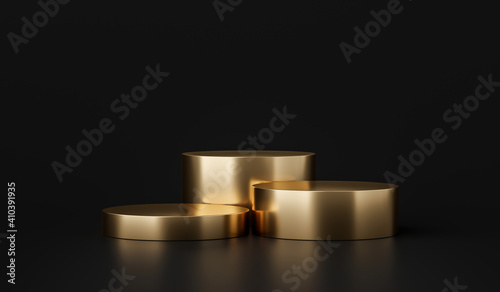 Gold product background stand or podium pedestal on advertising display with blank backdrops. 3D rendering.