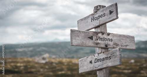 hopes visions dreams text engraved on wooden signpost outdoors in nature. Panorama format.