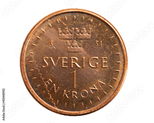 one swedish krona coin isolated on white background