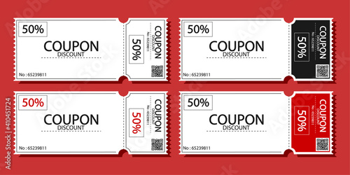 Coupon Card element template for graphics design.Discount coupon ,gift vouchers or certificates,ticket card of promotion sale for website,social media. Set isolated on red background, vector